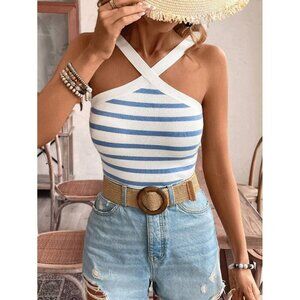 Ribbed knit halter tank top striped preppy white blue